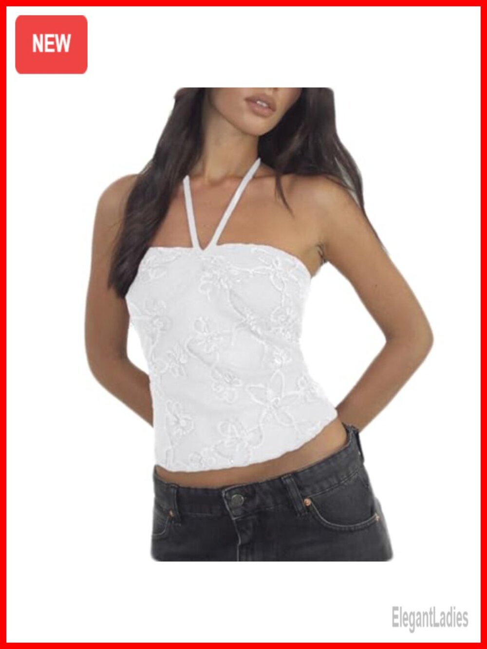 Sequin Floral Halter Backless Crop Tank Top